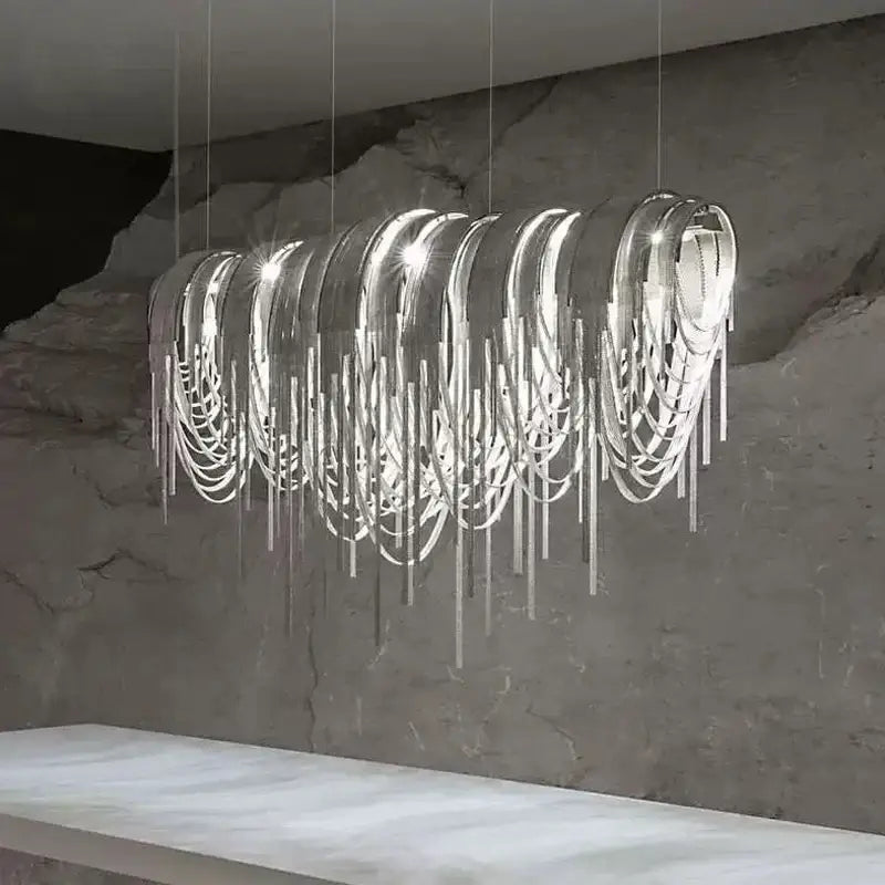 Decorbites™ aluminum led chandelier in silver with cascading metallic rings for modern living and dining rooms