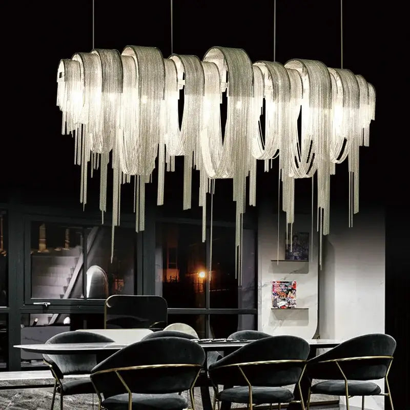 Decorbites aluminum led chandelier with silver metallic cascading wave-like chains for modern interior lighting
