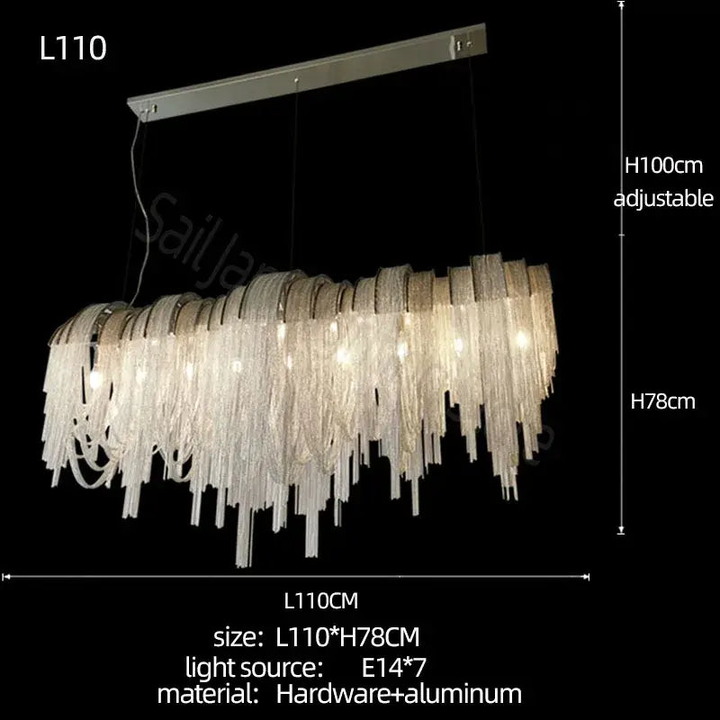 Modern decorbites aluminum led chandelier with cascading clear glass fringe and sleek metallic frame for living spaces
