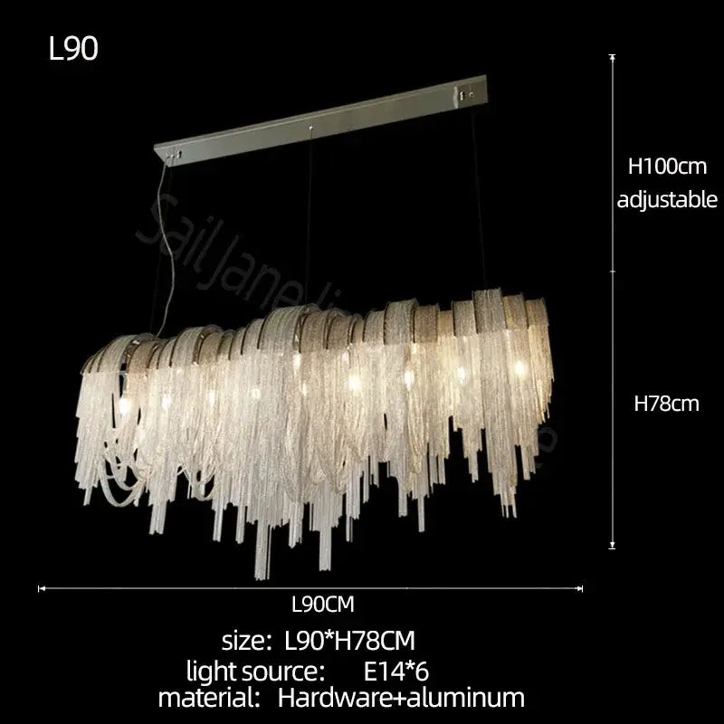 DecorBites aluminum led chandelier with sleek metallic frame and cascading clear glass fringes for modern interiors