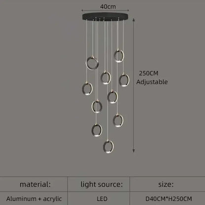 Modern black circular aluminum led chandelier with seven silver acrylic rings ideal for staircases and attics
