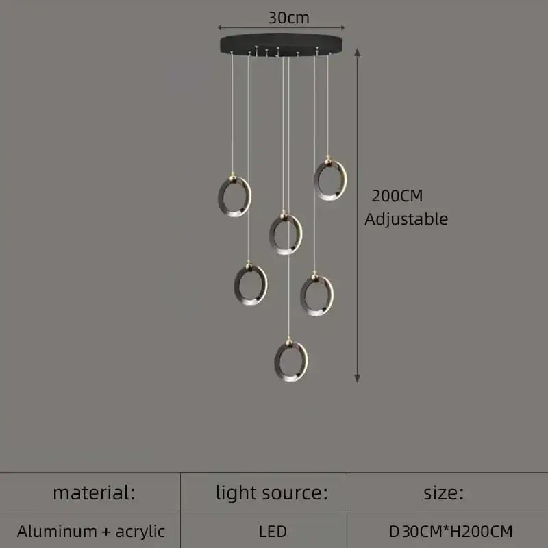 DecorBites aluminum led chandelier modern black and silver circular pendant light with adjustable height for staircase and attic