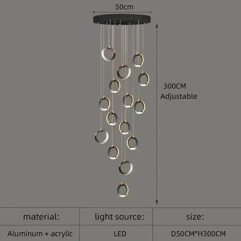 Modern black aluminum led chandelier with circular design and hanging silver rings for staircase and attic lighting