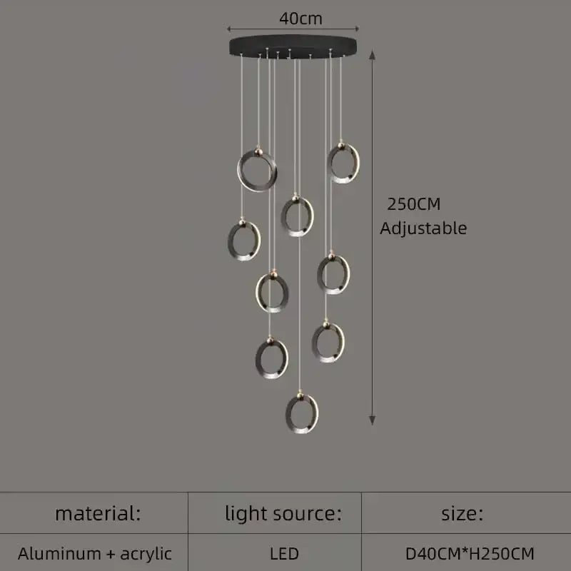 Modern black and silver circular aluminum led chandelier with adjustable height for staircase and attic lighting