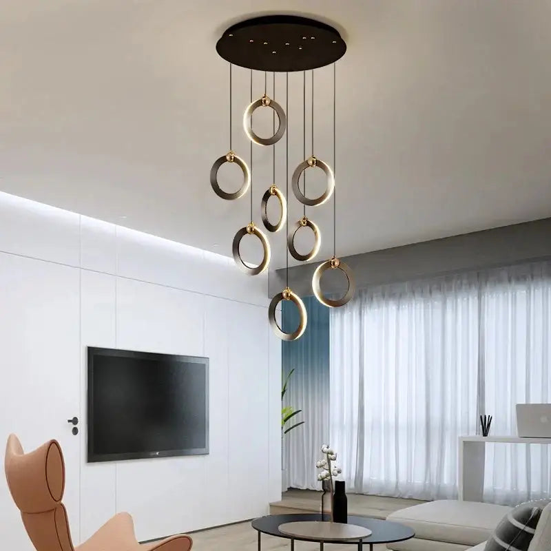 Modern black and gold aluminum led chandelier with sleek minimalist design for staircase and attic lighting