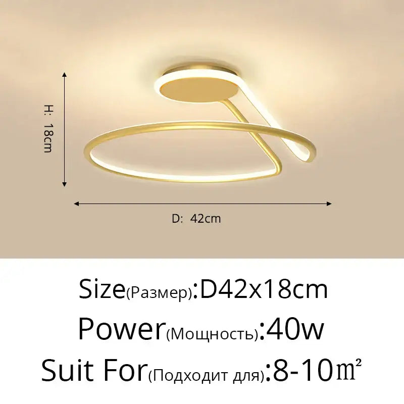 Gold-colored modern aluminum led chandelier with sleek curved design and integrated lighting for bedroom and kitchen use