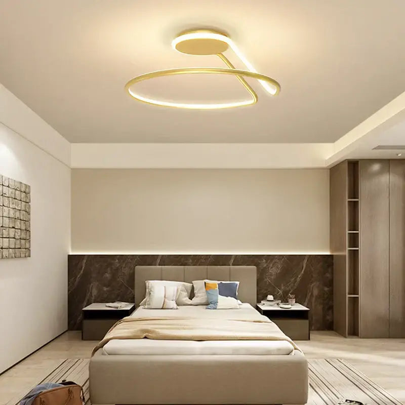 Gold-colored modern aluminum led chandelier with sleek circular design for minimalist bedroom and kitchen lighting fixtures