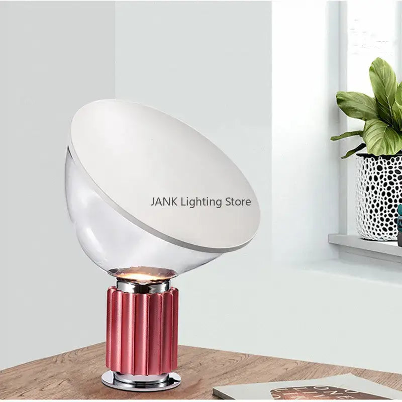 Modern DecorBites aluminum led desk lamp with translucent glass dome, red fluted stem, and silver metallic base