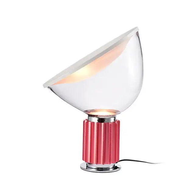 A sleek decorbites™ aluminum led desk lamp with a transparent glass dome and vibrant red ribbed base for high-end decor lighting