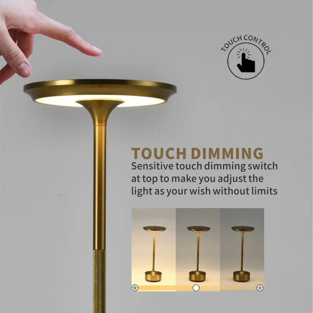 Gold-finished aluminum led desk lamp with sleek modern design and touch-sensitive dimming for living room use