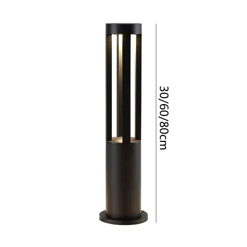 DecorBites aluminum led garden light black cylindrical landscape lamp with vertical slats and warm led illumination