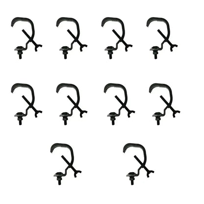 Black metal aluminum led par hooks arranged in a grid showing durable par hooks for led par use