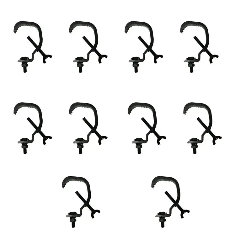 Black metal aluminum led par hooks arranged in a grid showing durable par hooks for led par use