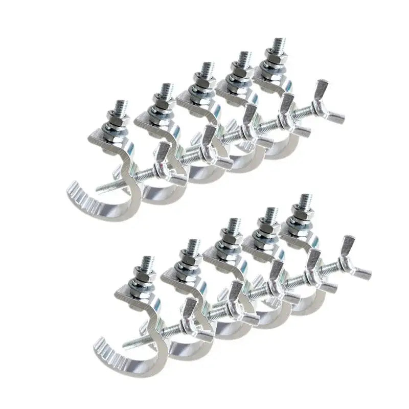 Silver aluminum scaffold clamps with threaded bolts and wing nuts for DecorBites™ led par hooks set of 10