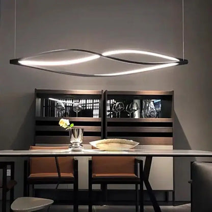 Modern black aluminum led pendant lamp with sleek curved design and glowing white led strip for kitchen island lighting