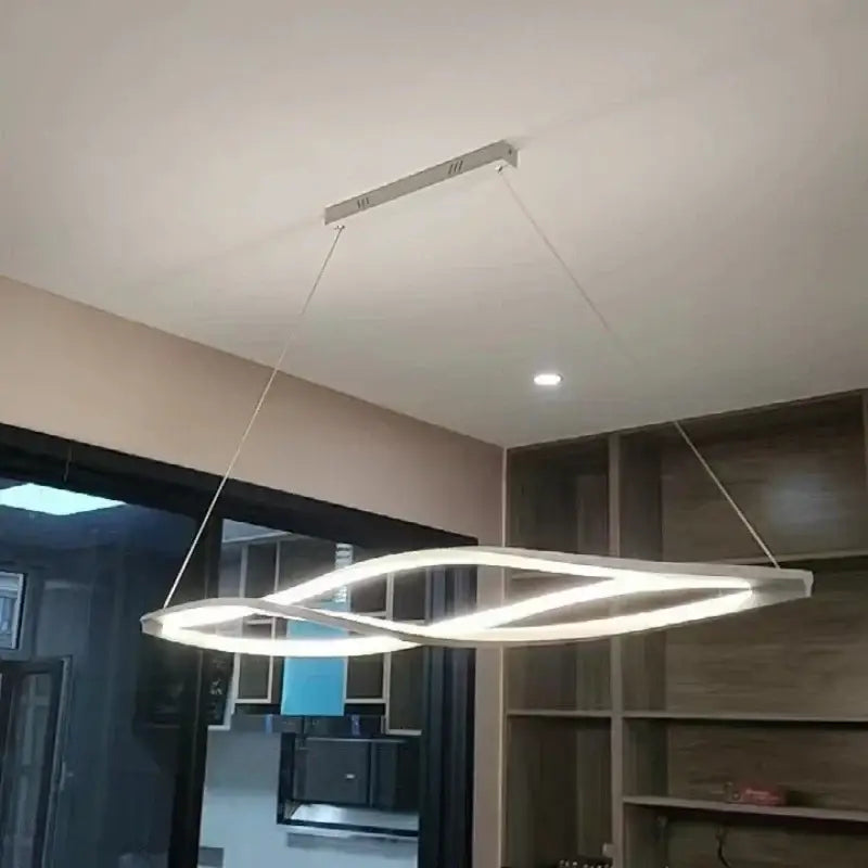 Modern white aluminum led pendant lamp with sleek intertwined ring design for kitchen dining island lighting