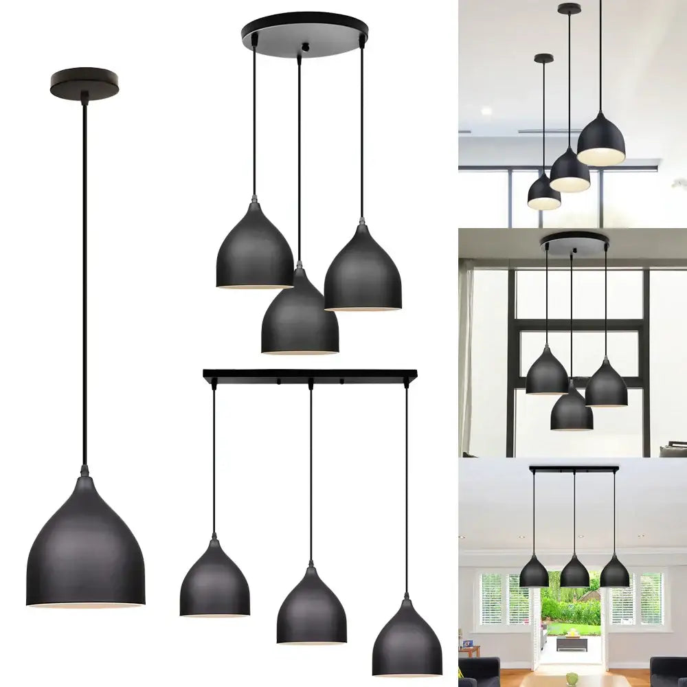 Black matte aluminum led pendant light with teardrop-shaped shades and minimalist rods for modern interiors