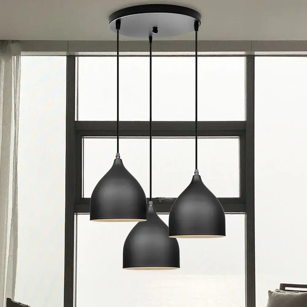 Modern black matte aluminum led pendant light with teardrop shades hanging from circular ceiling mount for living room