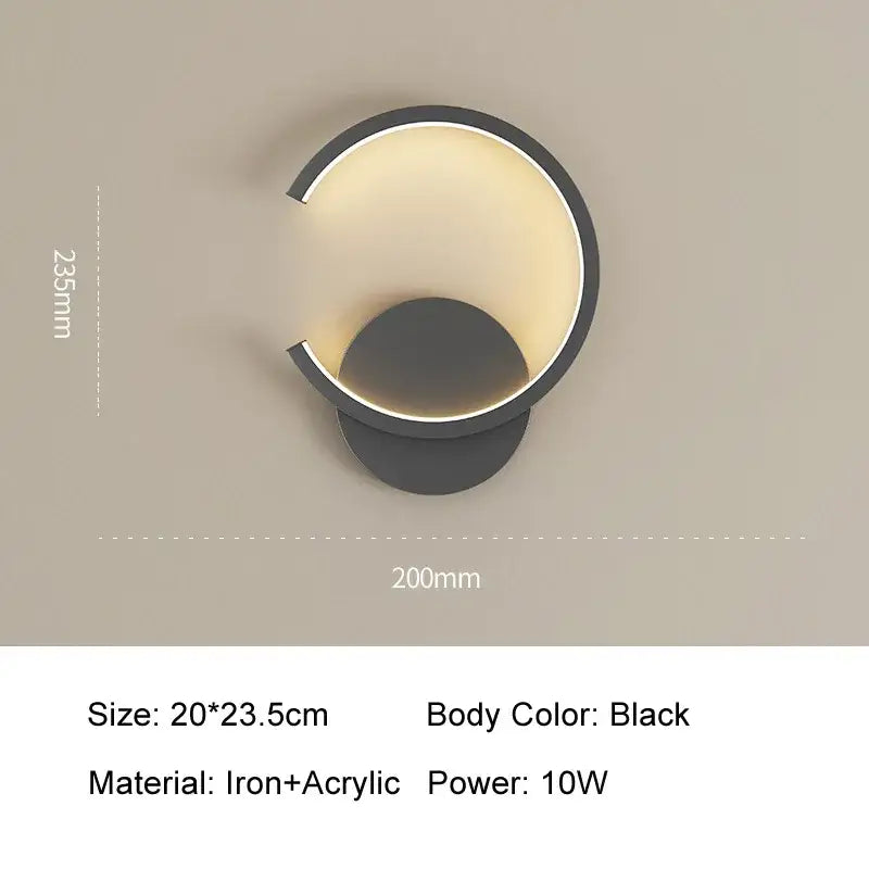 Black modern wall lamp with sleek curved design made of iron and acrylic for bedroom and living room lighting