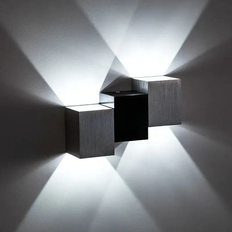 DecorBites aluminum led wall lamp with modern geometric cubic design in brushed metallic and black for living room lighting