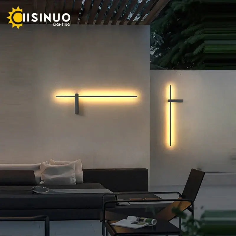 Modern minimalist decorbites™ aluminum outdoor wall sconce with sleek black frame and warm yellow led lighting for porch and patio