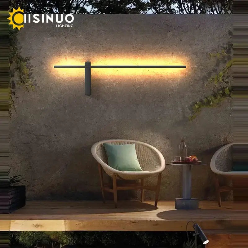 Modern black aluminum outdoor wall sconce with sleek horizontal LED bar design for porch and patio lighting