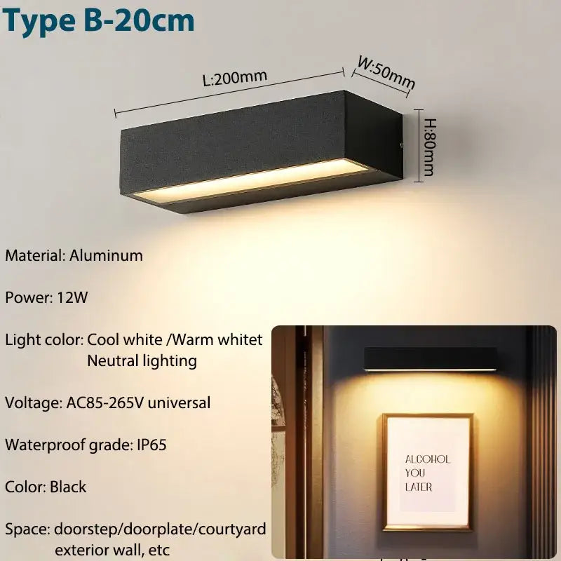 Decorbites aluminum outdoor wall sconces in black with sleek modern design and warm white illumination for exterior use