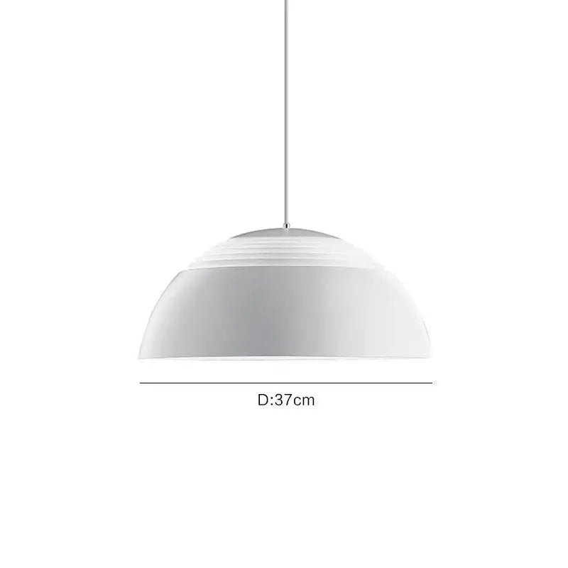 A sleek white decorbites aluminum pendant lamp with smooth dome shade and ridges for dining room or kitchen island