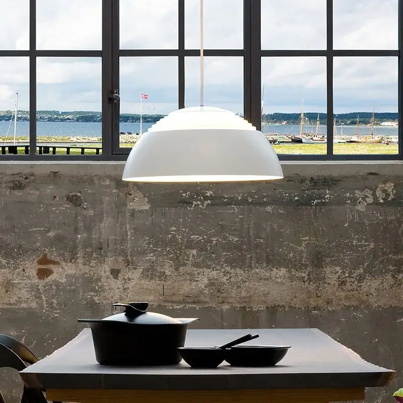 White dome-shaped decorbites aluminum pendant lamp with sleek modern design for dining room and kitchen island lighting
