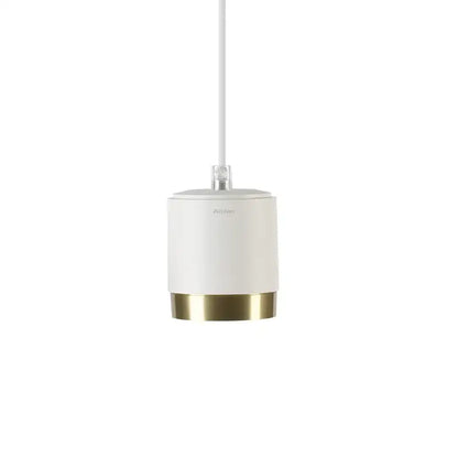 A sleek white decorbites aluminum pendant light with gold accent and minimalist design for living room use