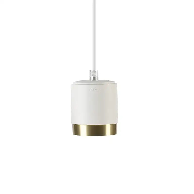 A sleek white decorbites aluminum pendant light with gold accent and minimalist design for living room use