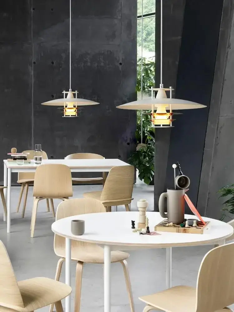 Modern white decorbites aluminum pendant lights with disc-shaped shade and metal frame for kitchen island lighting