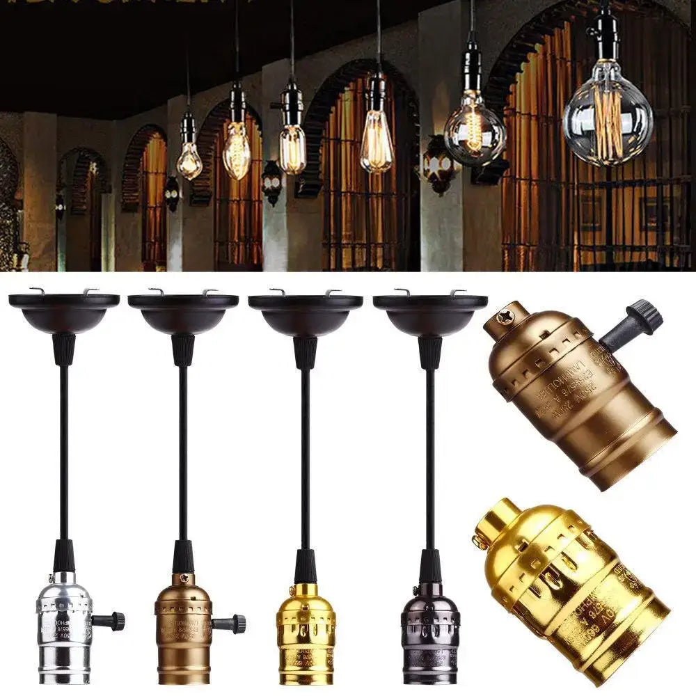 Vintage-style e27 screw bulb pendant lights with exposed filament and aluminum shell in brushed nickel and brass finishes