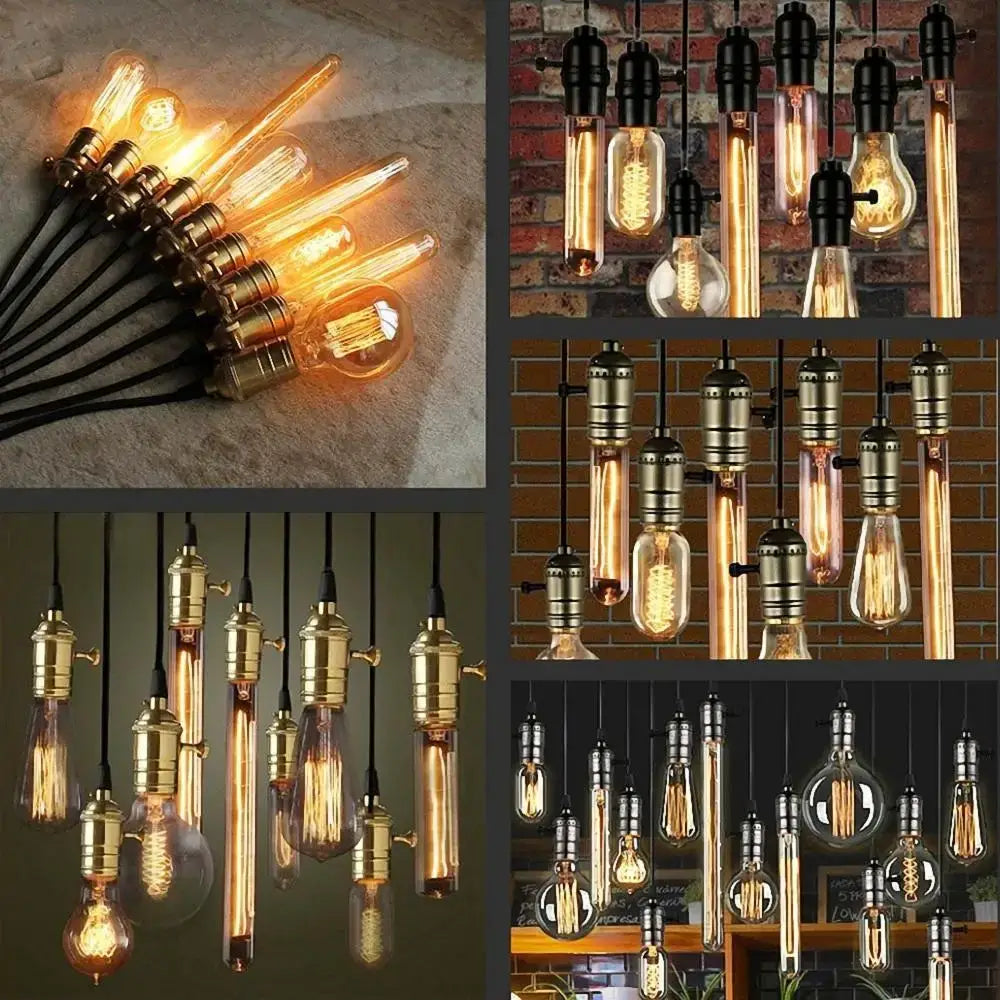 Vintage-style edison pendant lights with aluminum shell e27 screw bulb holder and brass black metal fixtures glowing warmly