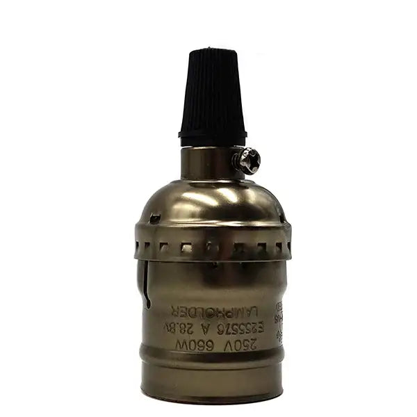Antique brass e27 screw bulb holder with black ribbed cap and engraved specifications for vintage lamp fixture