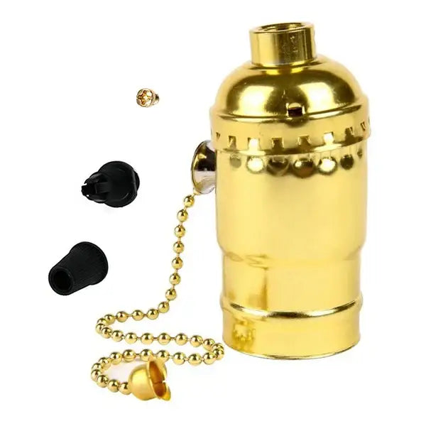 Gold-colored aluminum shell e27 screw bulb holder with chain pull switch and decorative beads for vintage lamps