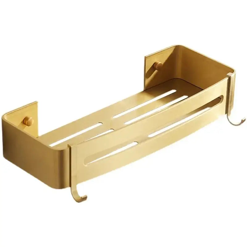 Gold-colored decorbites aluminum shower shelf with slotted sides and two hooks for wall mounted bathroom use