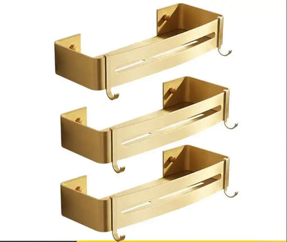 Decorbites aluminum shower shelf in brushed gold metal with sleek modern design and hooks for bathroom corner use