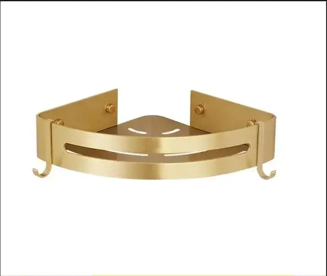Gold-colored decorbites aluminum shower shelf with two hooks and central cutout design for bathroom corner use