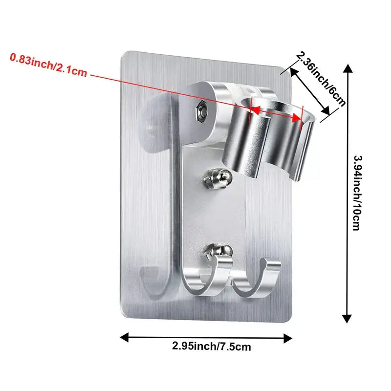 Silver metallic decorbites aluminum showerhead holder with three hooks and cylindrical wall-mounted bracket
