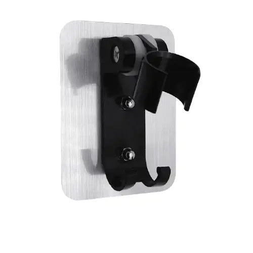 Black metal wall-mounted DecorBites aluminum showerhead holder with sleek design and three adjustable screw fasteners