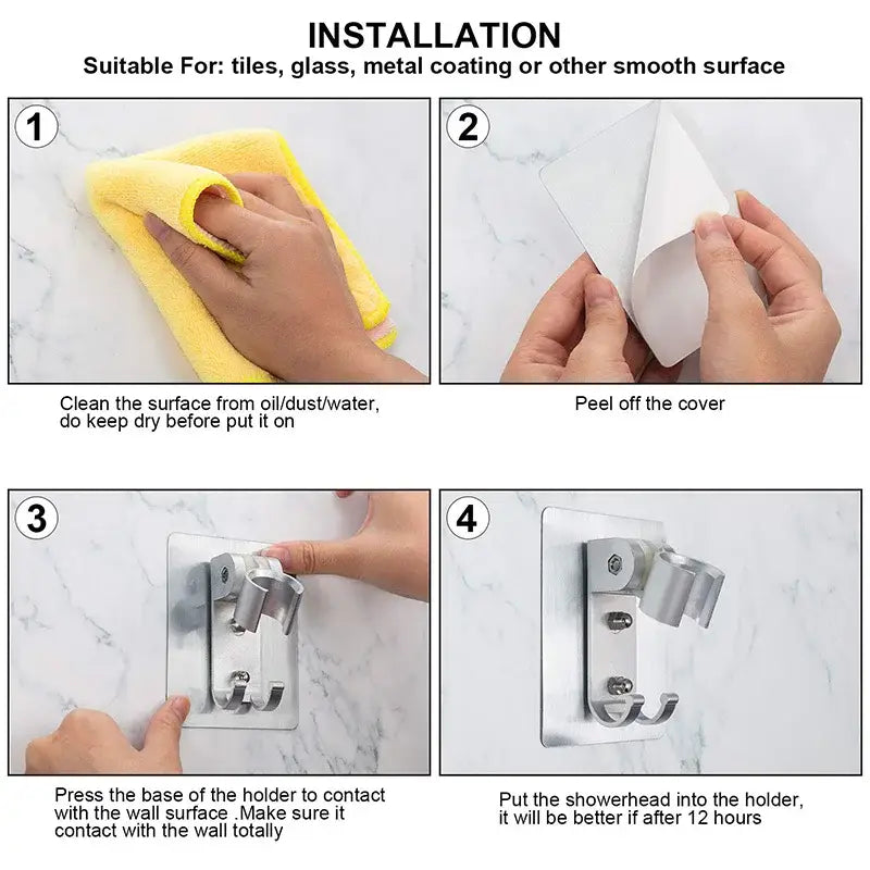 Silver decorbites aluminum showerhead holder with adjustable hook and adhesive base for traceless bathroom use