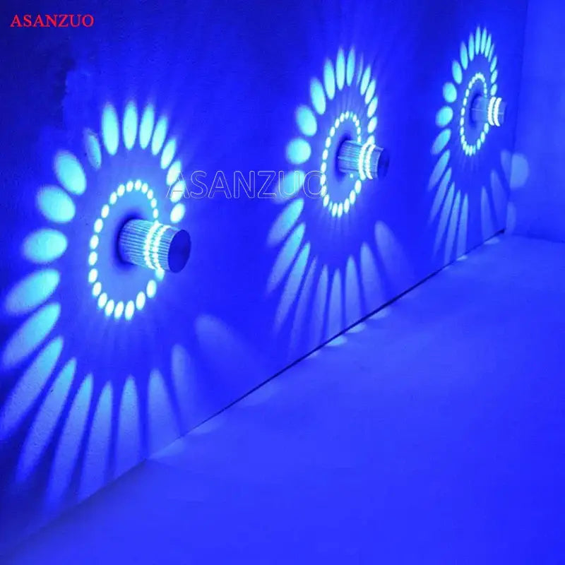 Decorbites aluminum spiral led blue wall lamp with circular light patterns for bedroom and living room use