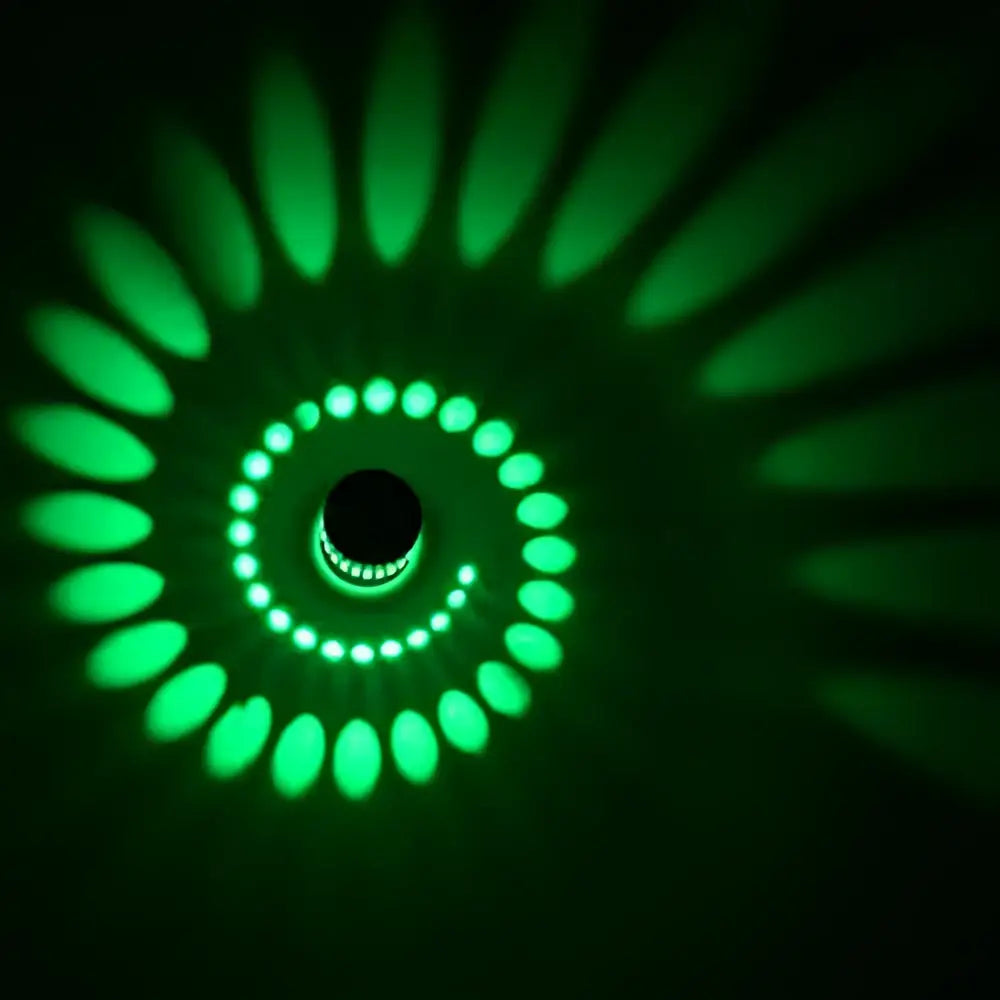 Glowing green decorbites aluminum spiral led wall lamp with concentric illuminated rings for bedroom and living room