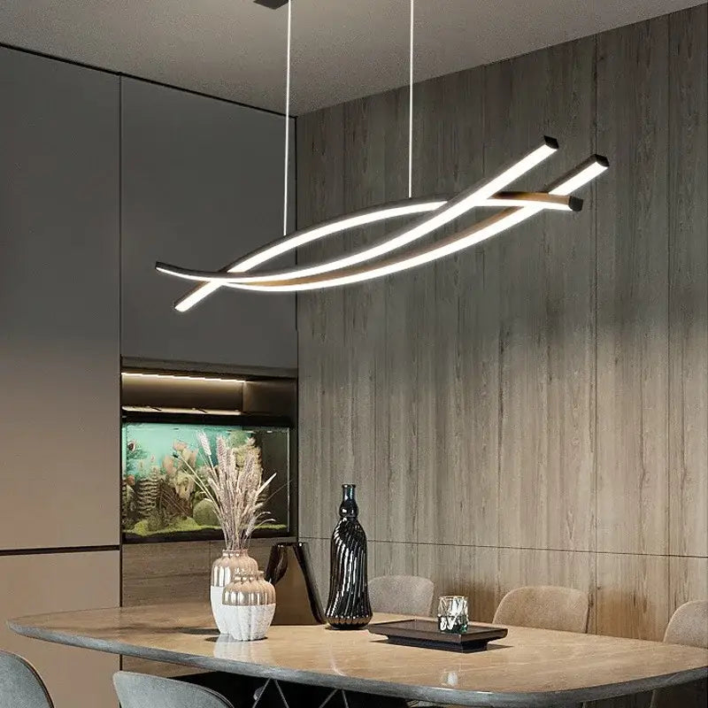 Modern minimalist decorbites aluminum suspension led chandelier with sleek curved led strips and matte black accents for kitchen use
