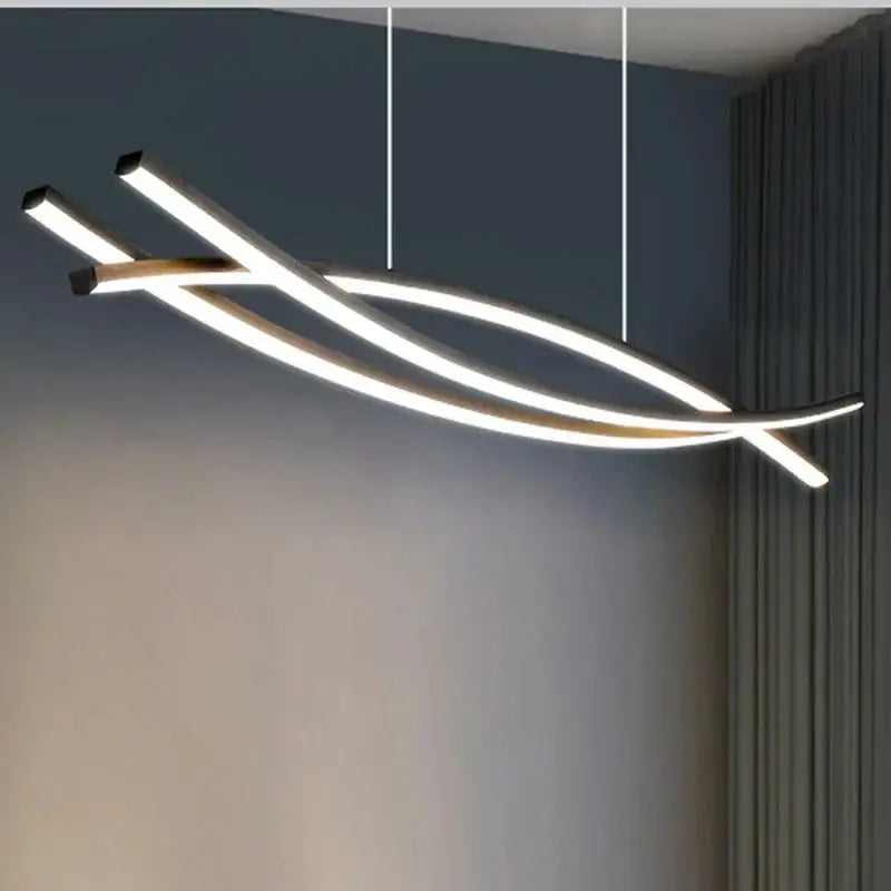 Modern minimalist decorbites aluminum suspension led chandelier with three curved warm white light bars and matte black ends