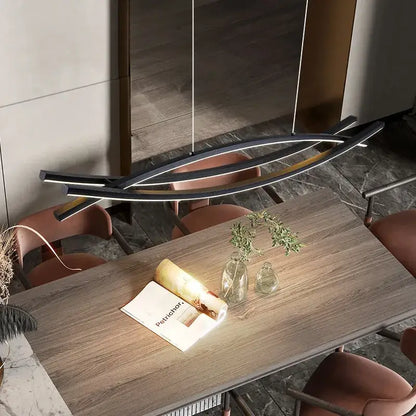 Modern black decorbites aluminum suspension led chandelier with sleek geometric design above wooden dining table