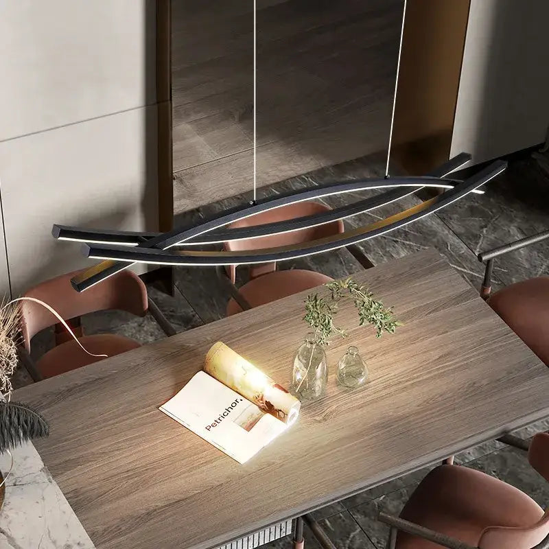 Modern black decorbites aluminum suspension led chandelier with sleek geometric design above wooden dining table