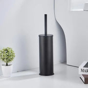 Black matte-finished aluminum toilet brush holder with matching handle from DecorBites™ brush holder set in brushed gold black