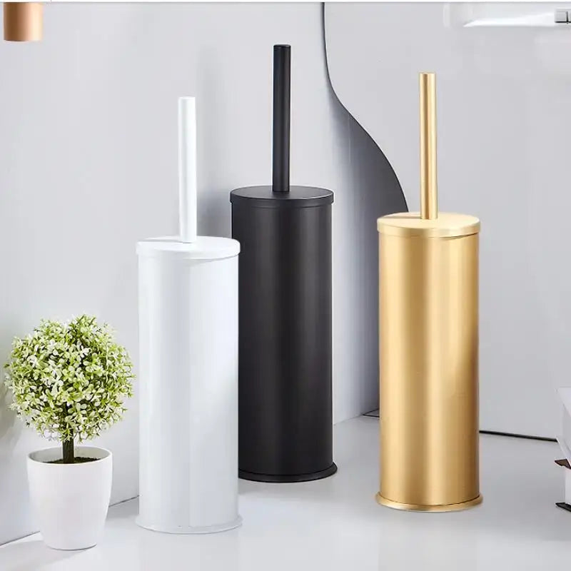 DecorBites™ aluminum toilet brush holder set in brushed gold black and white with matching handles for bath hardware
